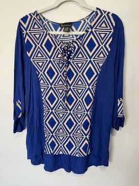 Signature Studio Royal Blue & Cream Geometric Tie-Neck Tunic